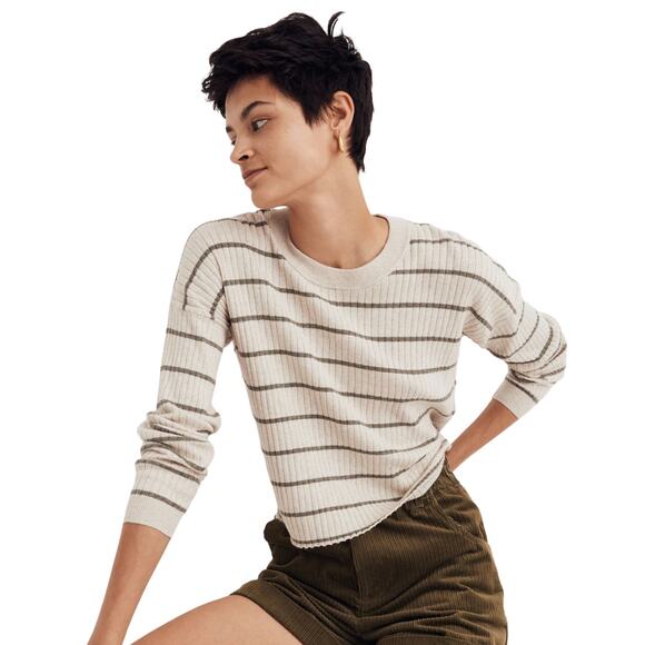 Madewell Sweater Womens Large Tan Gray Lawson Crop Striped Pullover Quiet Luxury - Picture 1 of 12